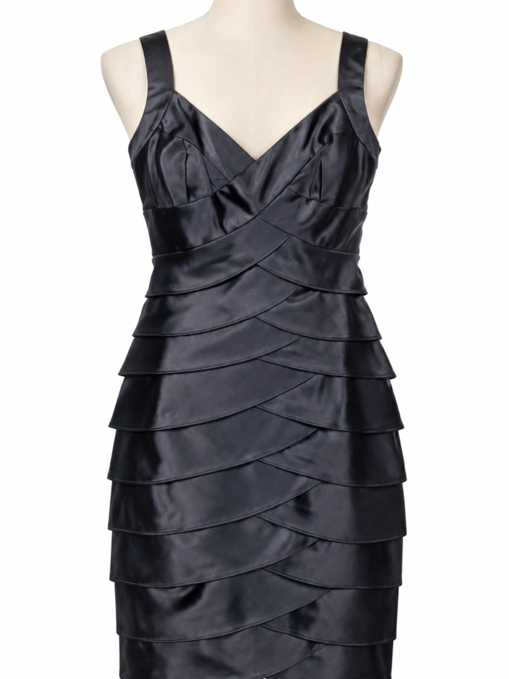 London Times Black Satin Tiered V-Neck Midi Dress